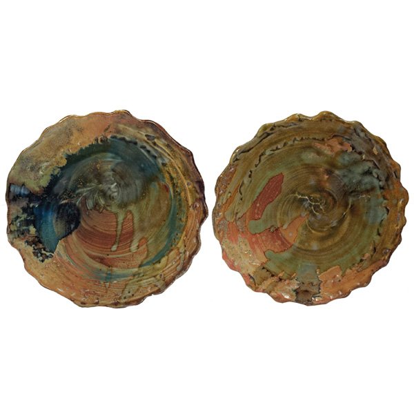 Don Reitz plates: Don Reitz plates, two, stoneware, fluted edges, multi-colored glazes, each signed with incised signature "Reitz 92", each is 9"dia, mint condition