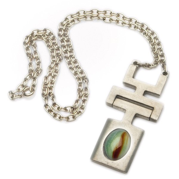 Danish Modern necklace: Danish Modern necklace, designed by Bent Larson, pewter with an applied colorful stone, marked, #218, 1.25"w x 13.5"l