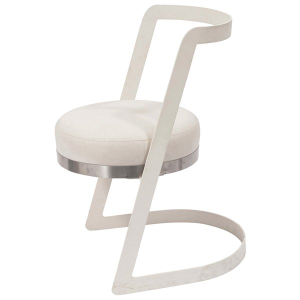 Willy Rizzo cantilevered chair: Willy Rizzo cantilevered chair, 1970s, cantilevered metal frame with the original white finish, brushed metal trim to lower edge of seat, reupholstered in white muslin, original finish, 21"w x 24"d x 