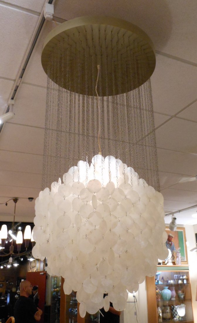 Verner Panton Fun 4 DM chandelier: Verner Panton Fun 4 DM chandelier, chains suspended from a large painted disk hold a large cluster of mother of pearl shells, 22"dia x 42"h, approximately 6 chains are missing, some shells are detache