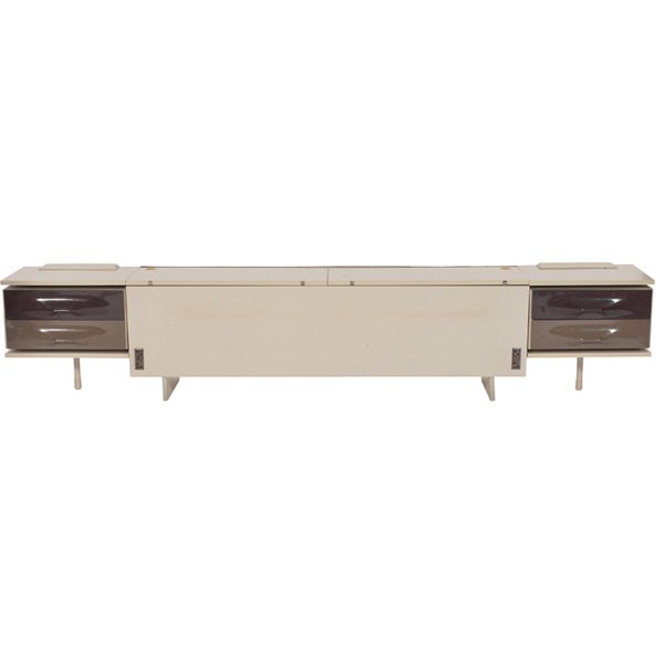 Raymond Loewy DF-2000 bed: Raymond Loewy DF-2000 bed, by Doubinsky Freres, France, wood and laminate frame with two attached night stands having brown molded plastic drawer fronts and lift-up tops, metal light to each side, (si