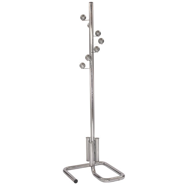 Italian coat rack and umbrella stand: Italian coat rack and umbrella stand, 1970s, tubular chrome structure with rotating top section, square base with four umbrella holders, original finish, unsigned, 21"w x 21"d x 70"h, very good origin