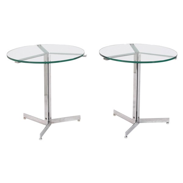 Hans Eichenberger Alpha tables: Hans Eichenberger Alpha tables, pair, by Strassle, Switzerland, chromed steel frames with three-point bases branch into supports for round glass tops, original finish 20"dia x 20.75"h, excellent origi