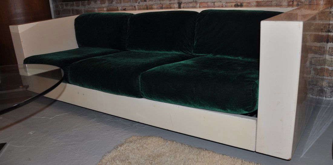 Massimo Vignelli Saratoga sofa Poltronova: Massimo Vignelli "Saratoga" sofa, by Poltronova, c. 1964, imported by Stendig, wood frame with even arms, original white finish, green mohair upholstery, signed with Stendig label, documented, 82.5"w