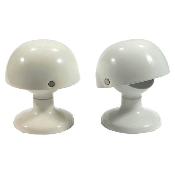 Tobia Scarpa Jucker table lamps: Tobia Scarpa Jucker table lamps, pair, by Flos, Italy, small white metal forms with pivoting shades, signed with Flos stamped marks and paper labels, 7"dia x 8.25"h, slight color difference, very good