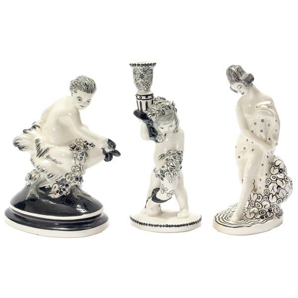 Michael Powolny sculpture candle holder: Michael Powolny sculpture and candle holder, by Wiener Kunstkeramische Werkstatte, Austria, putto with rooster: 7.5"wx 9"h, signed with WKW mark, candle holder with girl and flowers, 4.5"w x 10"h, sig