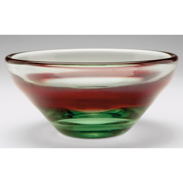 Dominick Labino bowl: Dominick Labino bowl, flaring shape in clear glass with encased red stripe and green tint, signed Labino, 2-1970, 7"w x 3.5"h