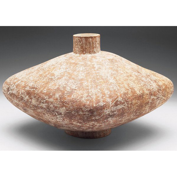 Claude Conover Tula vase: Claude Conover Tula vase, large form with a linear design at one side, signed and titled, 14.5"w x 10"h