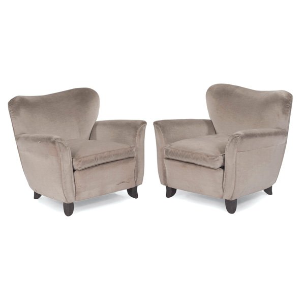 Arflex lounge chairs: Arflex lounge chairs, pair, Italy, flared armrests, heart-shaped backrests, tapered wood feet, down-filled seat cushions, original taupe velvet upholstery, original finish, 32.5"w x 32"d x 31"h, tears