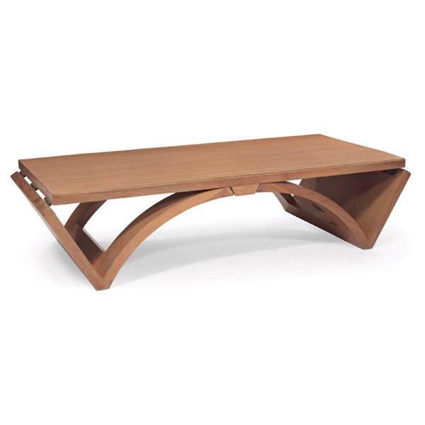 Karpen convertible table: Karpen convertible table, California, oak, multi-purpose form that can be used as a coffee table or dining/console table, top covered in wood grain-patterned laminate, original finish, signed with bra