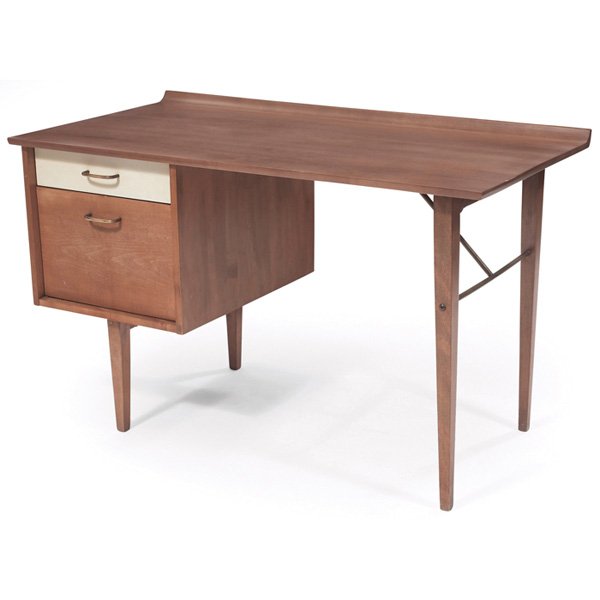 Milo Baughman desk: Milo Baughman desk, by Murray, maple, raised lip to back of top, two drawers with original brass pulls, one white drawer, tapered legs, original finish to base and drawers, top refinished, 48"w x 24.7
