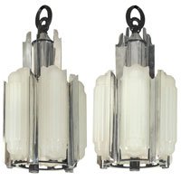Art Deco hanging fixtures: Art Deco hanging fixtures, two, 1930s, each with five pressed glass shades held by aluminum fins, wrought iron hook to top, original finish, each is: 12"dia x 25"h, no wiring, very good original condi