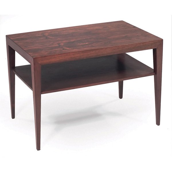 Severin Hansen rosewood magazine table Haslev Denmark: Severin Hansen rosewood magazine table, by Haslev, Denmark, rectangular top on tapered legs with a lower shelf, original finish, signed with paper label, 27.5"w x 17.5"d x 19"h, finish on lower shelf
