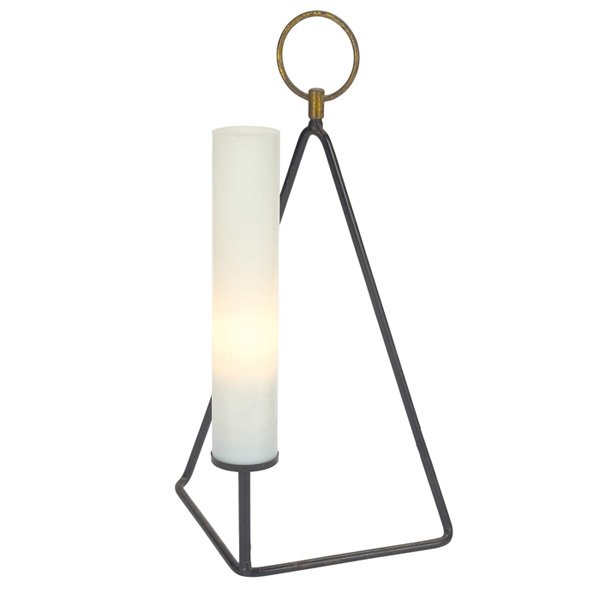 1950s table or wall lamp: 1950s table or wall lamp, designer unknown, wrought iron frame with the original black finish supports a single white glass shade, large brass ring for hanging, unsigned, 10"w x 6.25"d x 16.75"h, very