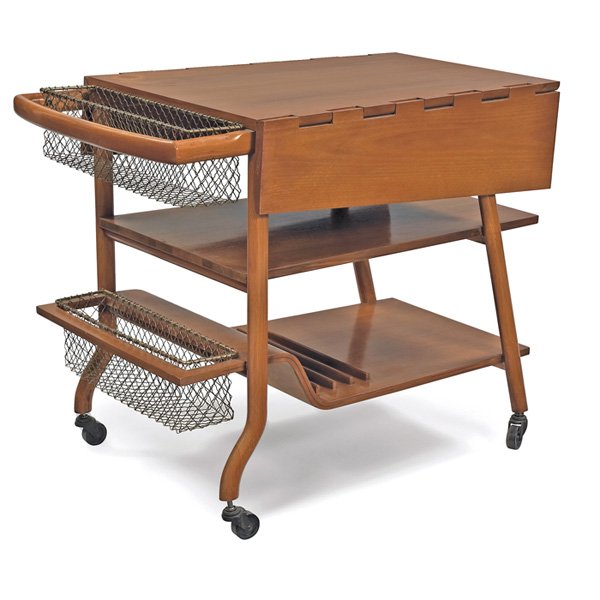Harry Schwartz bar cart: Harry Schwartz bar cart, by Romweber, drop sides, molded plywood lower shelf, two metal mesh baskets, on castors, original finish, unsigned, documented, 25"w x 38"d x 27.5"h, very good original condit