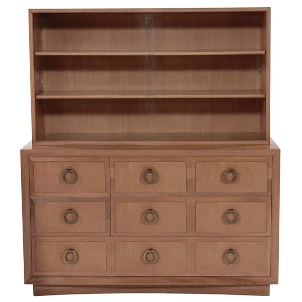 T.H. Robsjohn-Gibbings china cabinet Widdicomb: T.H. Robsjohn-Gibbings china cabinet, by Widdicomb, 1949, mahogany, lower cabinet with five drawers with original ring pulls, removable upper cabinet with two shelves and two sliding glass doors, sign