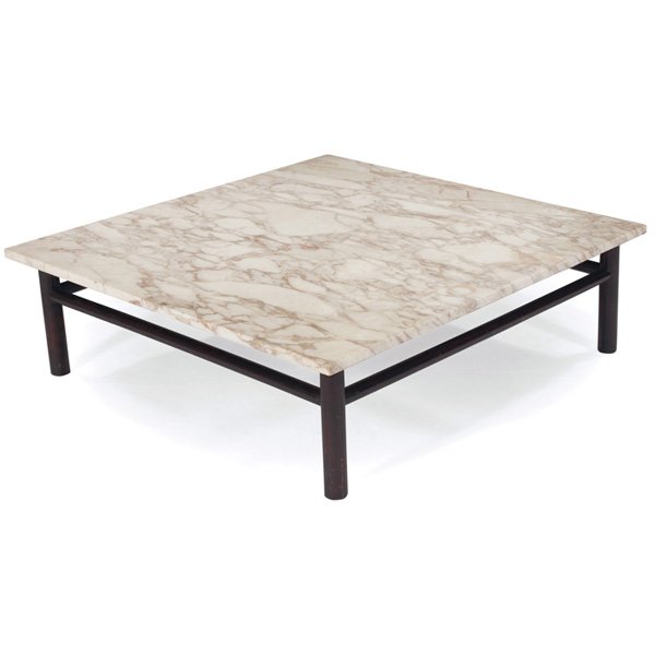 T.H. Robsjohn-Gibbings coffee table Widdicomb model 178: T.H. Robsjohn-Gibbings coffee table, by Widdicomb, model 1782, large square marble top with dramatic veining over a mahogany frame with round legs and horizontal stretchers, original finish, signed wi