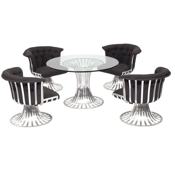 Woodard lounge table and four chairs: Woodard lounge table and four chairs, by Lee L. Woodard & Sons, USA, extruded aluminum, black seat cushions with piping and tufted buttons, 33"w x 28"d x 29"h, table: 45"dia x 26.75"h, excellent condi