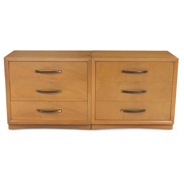 T.H. Robsjohn-Gibbings cabinets Widdicomb: T.H. Robsjohn-Gibbings cabinets, pair, by Widdicomb, mahogany, each with three drawers, original brass drawer pulls, on hidden castors, original finish, each signed with "Widdicomb Modern Originals" l