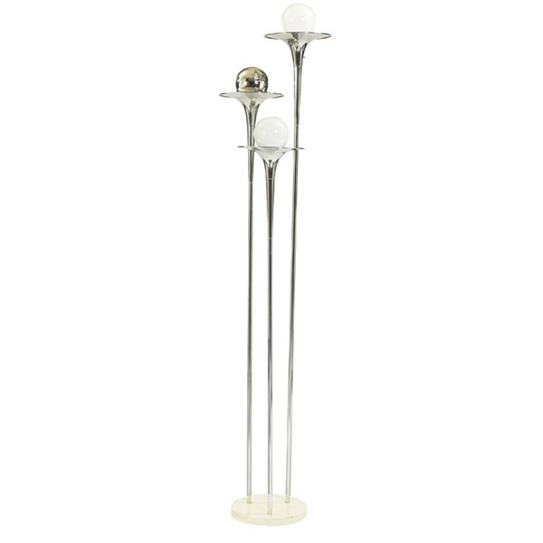 Tony Paul Bellini Collection floor lamp Mutual Sunset: Tony Paul Bellini Collection floor lamp, by Mutual Sunset, Italy, polished chrome, three lights, white enameled metal base, original finish, signed with Mutual Sunset foil label, fixture only: 16"dia 