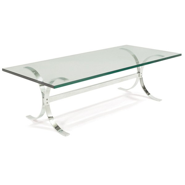 1960s coffee table Milo Baughman: 1960s coffee table, possibly Milo Baughman, chrome base with curved supports at each end, connected by a horizontal bar, rectangular glass top, unsigned, 54"w x 24"d x 15.75"h, excellent original cond