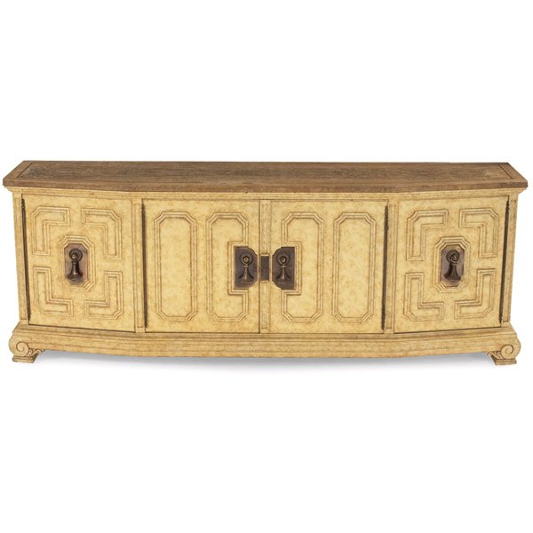 Mastercraft sideboard marble: Mastercraft sideboard, marble top, original brass hardware, four doors, two center doors conceal drawers, original finish, signed with Mastercraft cloth label, 82"w x 20"d x 31"h, excellent original c