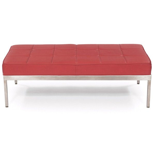 Michael Kors bench Lord & Taylor: Michael Kors bench, from Lord & Taylor, in the manner of Florence Knoll, original orange-red leather tufted upholstery over a brushed stainless steel one-piece base, unsigned, 50"w x 24"d x 16"h, very
