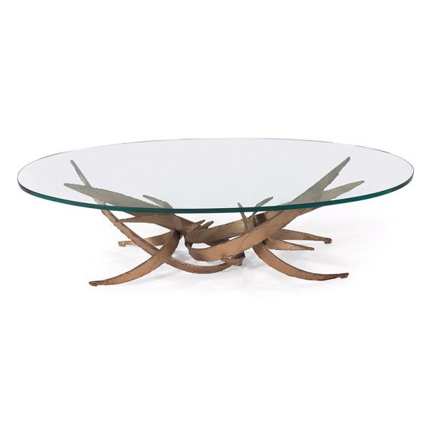 Silas Seandel coffee table: Silas Seandel coffee table, 1960s, welded metal base, thick elliptical glass top, original finish, 60"w x 29.75"d x 16"h, one chip to glass, good original condition