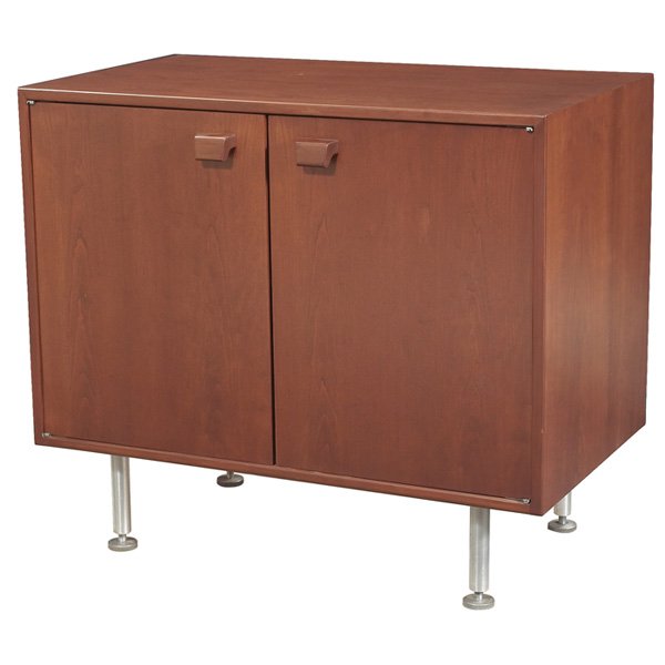 Jens Risom two door cabinet: Jens Risom two door cabinet, by Jens Risom Designs, Inc., walnut, aluminum legs with the original disk feet, two doors, refinished, 36"w x 21"d x 31.75"h, very good condition