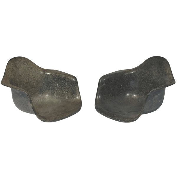 Charles & Ray Eames Zenith rope-edge shells: Charles & Ray Eames Zenith rope-edge shells, two, by Herman Miller, no bases, molded elephant gray fiberglass, original finish, signed with Herman Miller/Zenith square red and white paper label, 25"w