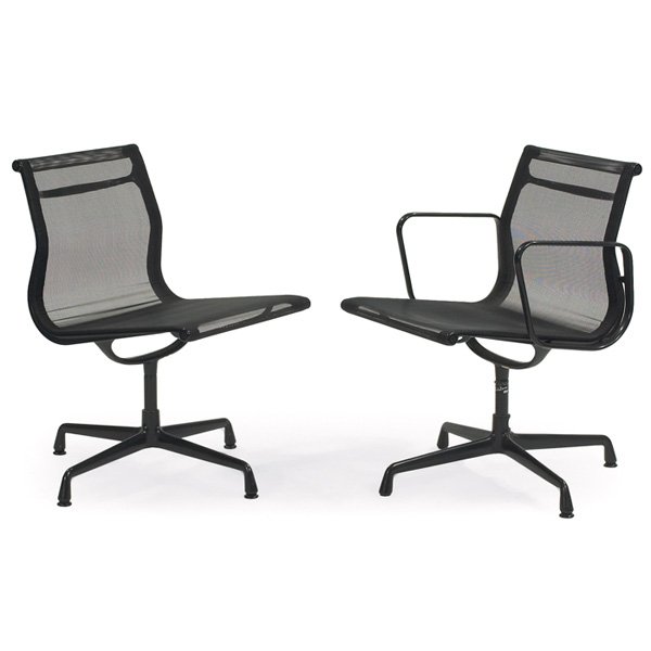 Charles and Ray Eames Aluminum Group chairs: Charles and Ray Eames Aluminum Group chairs, two, by Vitra, one armchair and one side chair, original black finish upholstery, each signed with Vitra labels, side chair: 20.25"w x 22"d x 33"h, armchai