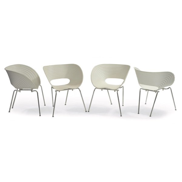 Ron Arad Tom Vac chairs: Ron Arad Tom Vac chairs, four, by Vitra, molded white polypropylene seats, polished steel legs, black glides, singed with impressed marks under seats, 26"w x 24"d x 30"h, some soiling, very good origi