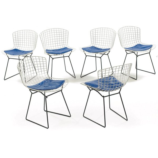 Harry Bertoia chairs Knoll: Harry Bertoia chairs, six, by Knoll, white wire seats over black bases, original blue vinyl seat pads, original finish, 21"w x 22"d x 30"h, some hardening to foam pads, otherwise excellent original co