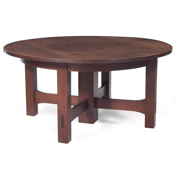 Gustav Stickley dining tableb #634: Unusual Gustav Stickley dining table, similar to #634, fixed-top form with a five-leg base and trumpeted stretchers supported by thru-tenon construction, signed with paper label and branded signature,