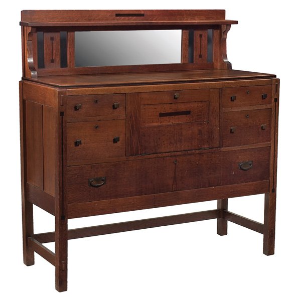 Limbert sideboard Ebon-Oak: Limbert sideboard, Ebon-Oak line, mirrored back above series of drawers with a paneled pull-down cabinet, original finish, branded signature, 49"w x 20"d x 51.5"h, very good condition