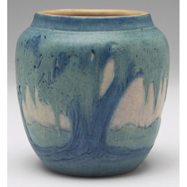 Newcomb College vase #OL63: Newcomb College vase, carved and painted landscape with moss-laden trees, executed by Anna Frances Simpson, #OL63, 3.5"w x 4"h