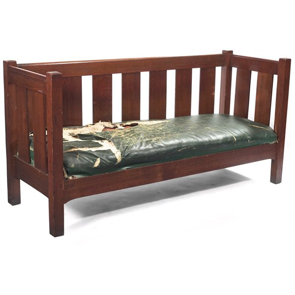 L & JG Stickley settle #216: L & JG Stickley settle, #216, wide vertical slats at back and under arms, damaged original cushion, recoated original finish, unsigned 72"w x 26"d x 36"h, very good condition