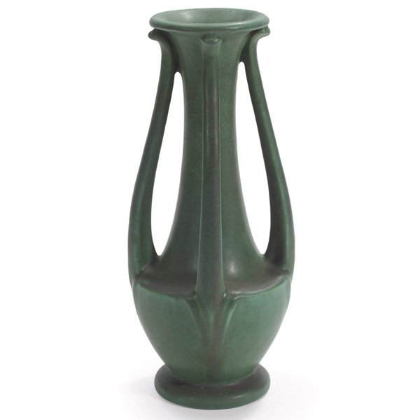 Teco vase #89 green matte glaze: Teco vase, shape #89, designed by W.J. Dodd, four arm classical form in a green matte glaze, signed, 5"w x 12"h