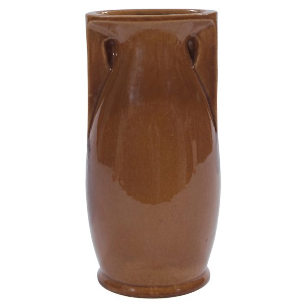 Teco vase brown glaze: Unusual Teco vase, likely designed by W.D. Gates, baluster form with stylized buttress supports in a brown glaze, signed, 4"w x 9"h