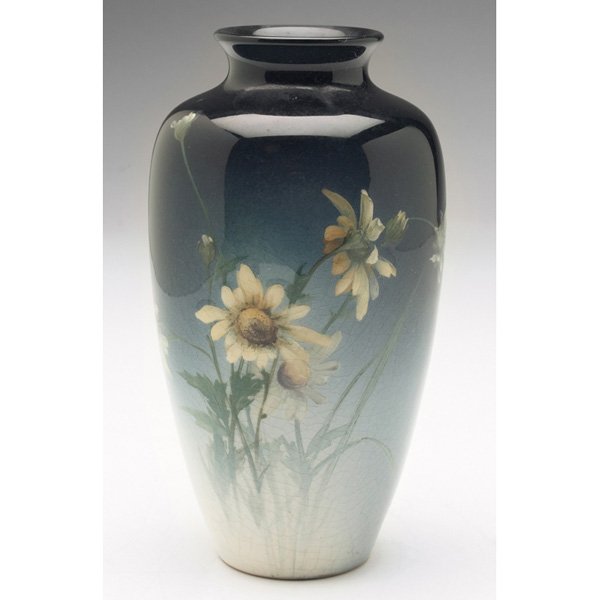 Rookwood vase Olga Reed #614F: Early Rookwood vase, tapered shape covered in an Iris glaze with a daisy design, executed by Olga Reed in 1896, #614F, 3.5"w x 6"h