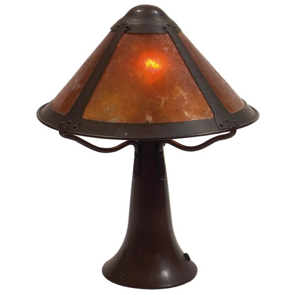 Dirk van Erp table lamp mica shade copper trumpet base: Good Dirk van Erp table lamp, conical mica shade held on a hammered copper trumpet base, signed with closed box mark, original patina and mica, 14"dia x 17.5"h