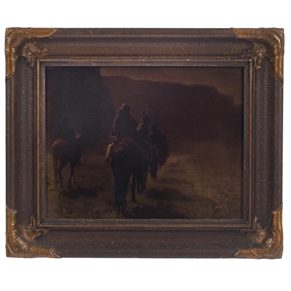 Edward Sheriff Curtis orotone "The Vanishing Race – Nav: Edward Sheriff Curtis orotone "The Vanishing Race – Navajo," 1904, signed in negative lower right, image: 10.5" x 13.5" overall: 16" x 19," held in original Curtis Studio frame with label on verso