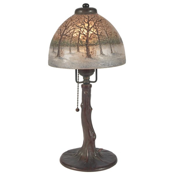 Handel boudoir lamp chipped-ice shade bronze base 5961: Handel boudoir lamp, reverse-painted chipped-ice shade with winter landscape design on a bronze tree-trunk base, shade signed and numbered 5961, 6.5"dia x 15"h