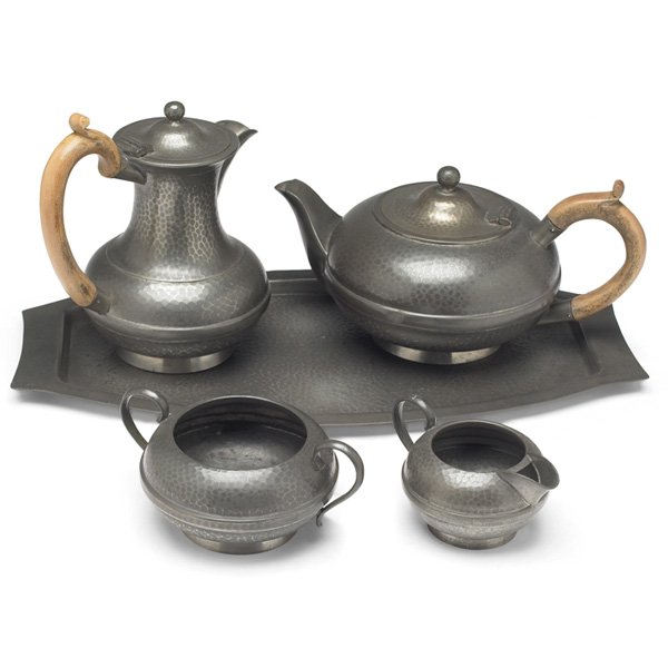 Arts & Crafts tea tray, teapot, coffeepot, creamer and : Arts & Crafts tea set on tray, teapot, coffeepot, creamer and sugar, pewter, English, c. 1925, tray marked Roundhead Pewter, #8444, others marked with logo and Period Pewter, #14, light wood handles, 