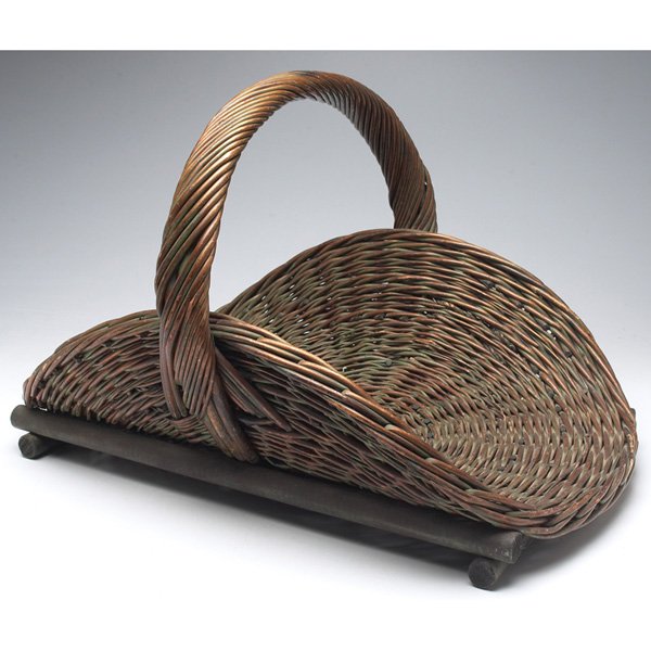 Gustav Stickley wood basket #205: Gustav Stickley wood basket #205, woven willow on a wood base, original green finish, 19"w x 24"d x 15"h, very good condition