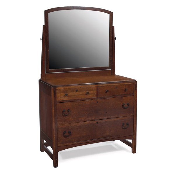 Limbert dresser #478 1/2: Limbert dresser, #478 1/2, arched swivel mirror above two half drawers and two full drawers, thru-tenon construction, branded signature, top refinished, 40"w x 22"d x 68.5"h, very good condition