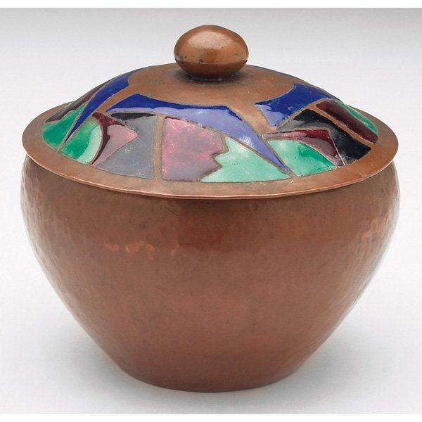 Boston School box copper: Boston School box, attribution, bulbous form in hammered copper, colorful Art Deco enamel design on lid, special enameling to interior, USA, c. 1910, unmarked, 5"w x 4.5"h