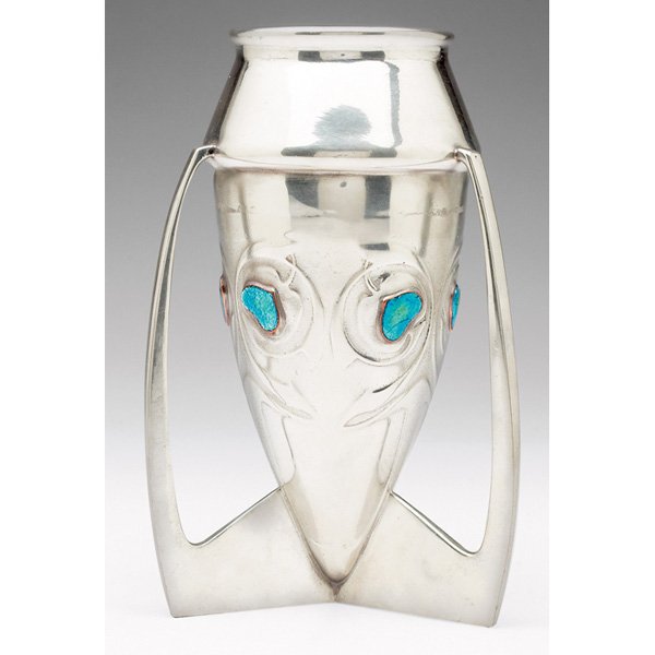 Liberty & Company vase Archibald Knox pewter #0226: Liberty & Company vase, designed by Archibald Knox, three handled rocket shape in pewter with repousse, enameled heart accents, marked #0226, 4.5"w x 7.5"h