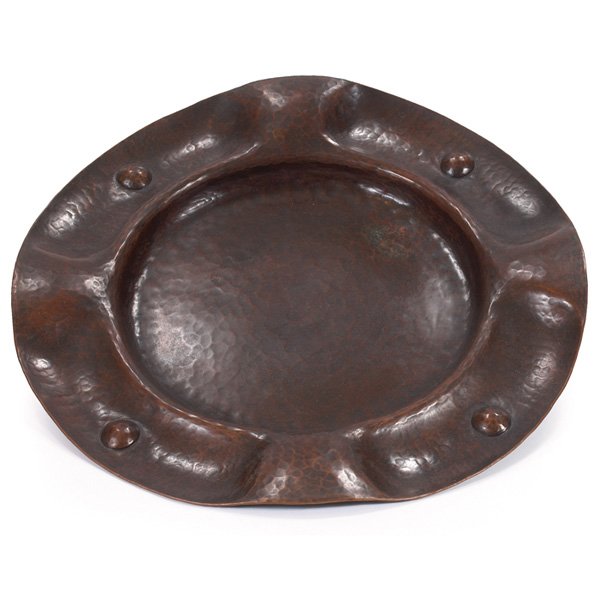 Gustav Stickley plaque Roycroft bookends hammered coppe: Gustav Stickley plaque, circular form with an undulating rim and repousse spherical decoration, circular stamp mark, 14"dia; with Roycroft bookends, (not shown), pair, open rectangular form with cut-o