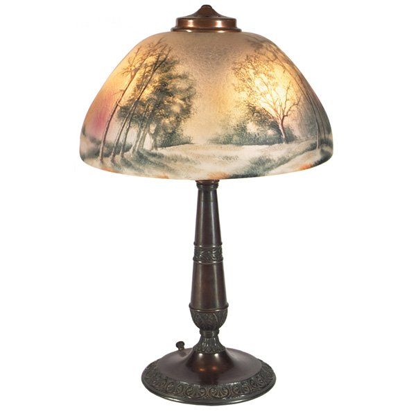Arts & Crafts table lamp chipped-ice shade bronze base: Arts & Crafts lamp, reverse-painted table lamp, chipped-ice shade with a landscape design on a bronze base, unsigned, 14"dia x 21"h